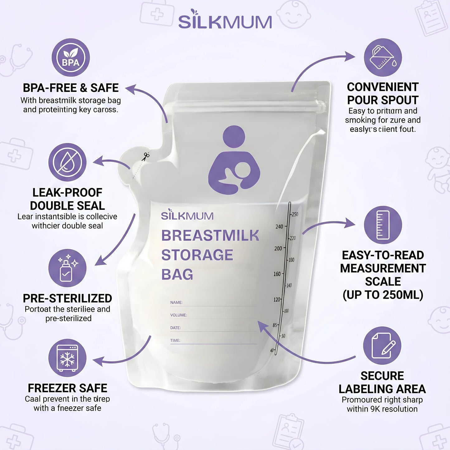 Silkmum Breastmilk Storage Bags: Pre-Sterilized, Leak-Proof Double Seal, BPA-Free, Self-Standing & Freezer Safe - Silkmum