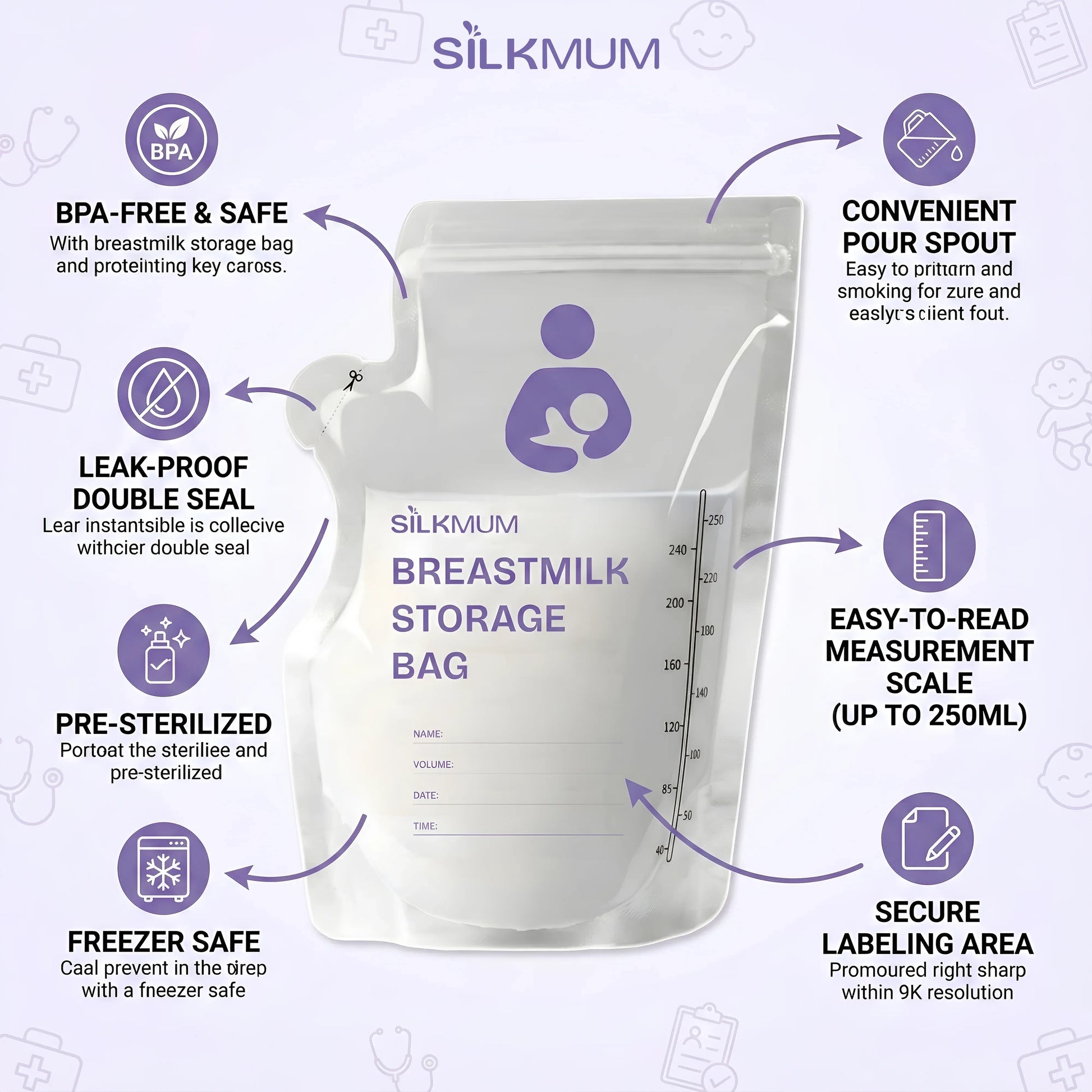 Silkmum Breastmilk Storage Bags: Pre-Sterilized, Leak-Proof Double Seal, BPA-Free, Self-Standing & Freezer Safe - Silkmum