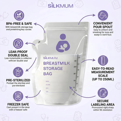 Silkmum Breastmilk Storage Bags: Pre-Sterilized, Leak-Proof Double Seal, BPA-Free, Self-Standing & Freezer Safe - Silkmum