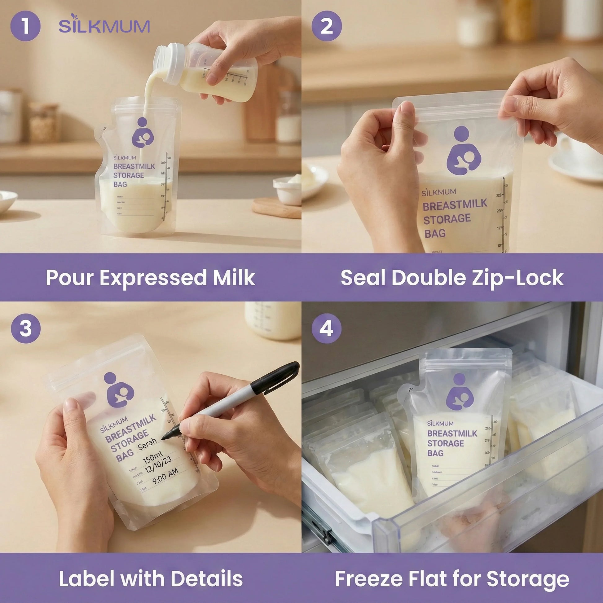 Silkmum Breastmilk Storage Bags: Pre-Sterilized, Leak-Proof Double Seal, BPA-Free, Self-Standing & Freezer Safe - Silkmum