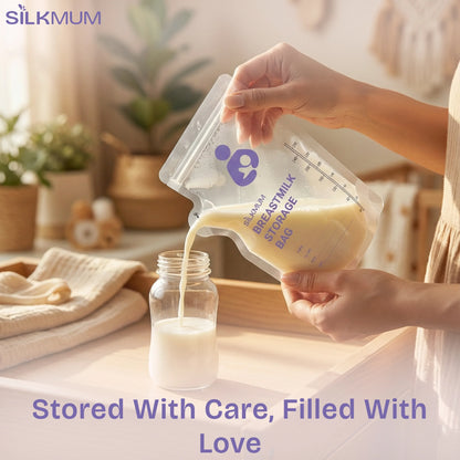 Silkmum Breastmilk Storage Bags: Pre-Sterilized, Leak-Proof Double Seal, BPA-Free, Self-Standing & Freezer Safe - Silkmum