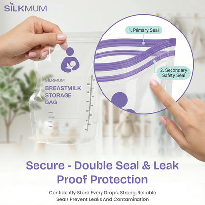 Silkmum Breastmilk Storage Bags: Pre-Sterilized, Leak-Proof Double Seal, BPA-Free, Self-Standing & Freezer Safe - Silkmum