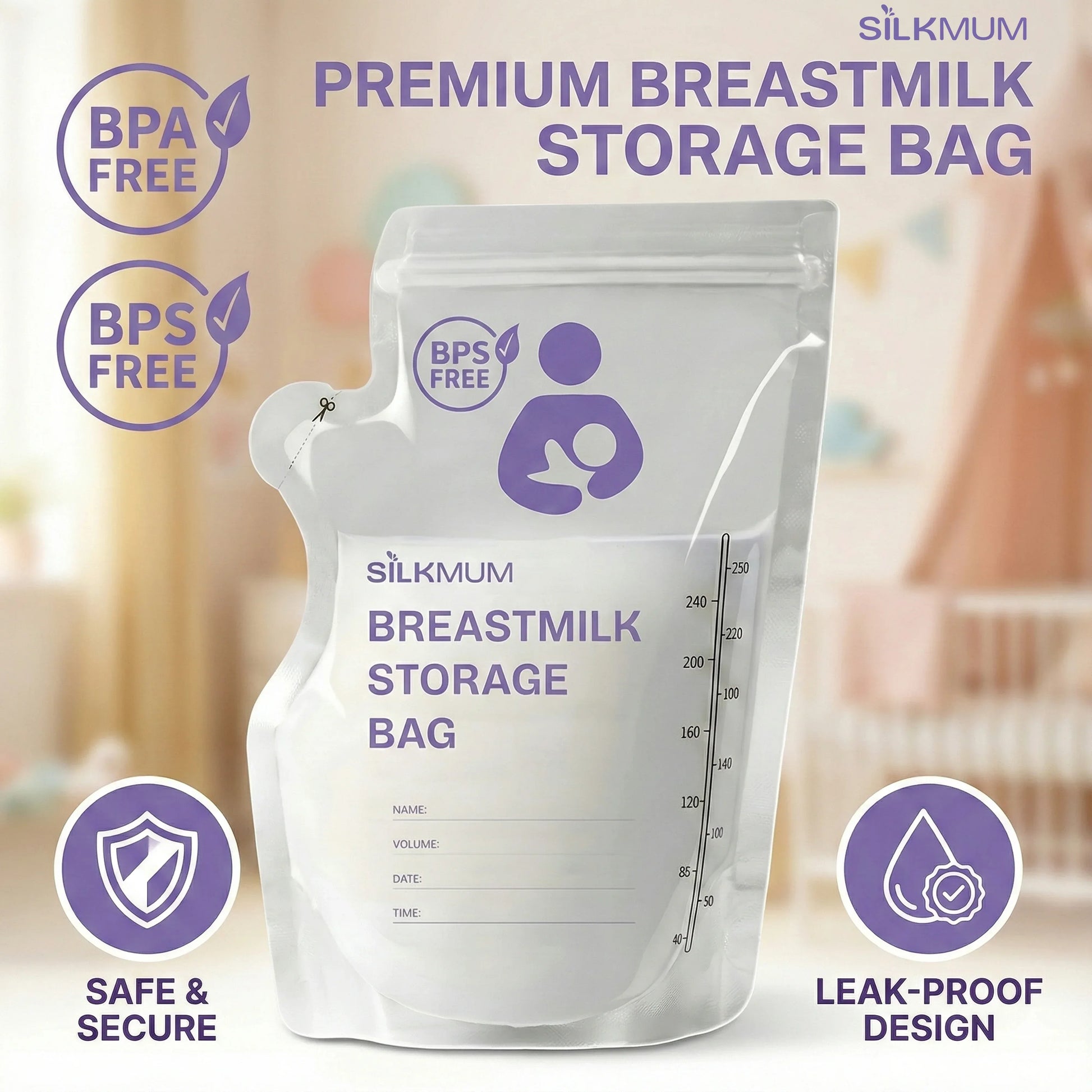 Silkmum Breastmilk Storage Bags: Pre-Sterilized, Leak-Proof Double Seal, BPA-Free, Self-Standing & Freezer Safe - Silkmum