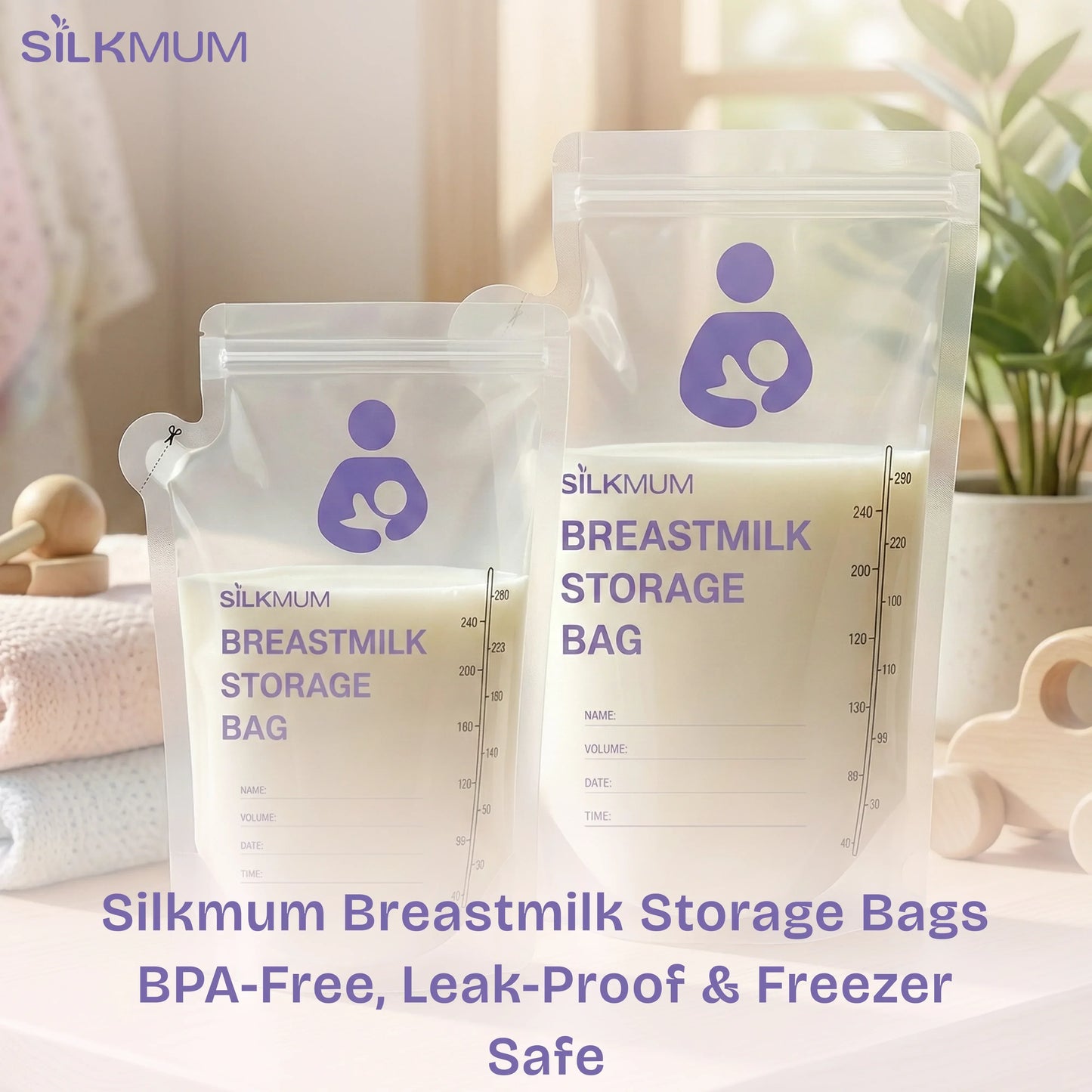 Silkmum Breastmilk Storage Bags: Pre-Sterilized, Leak-Proof Double Seal, BPA-Free, Self-Standing & Freezer Safe - Silkmum