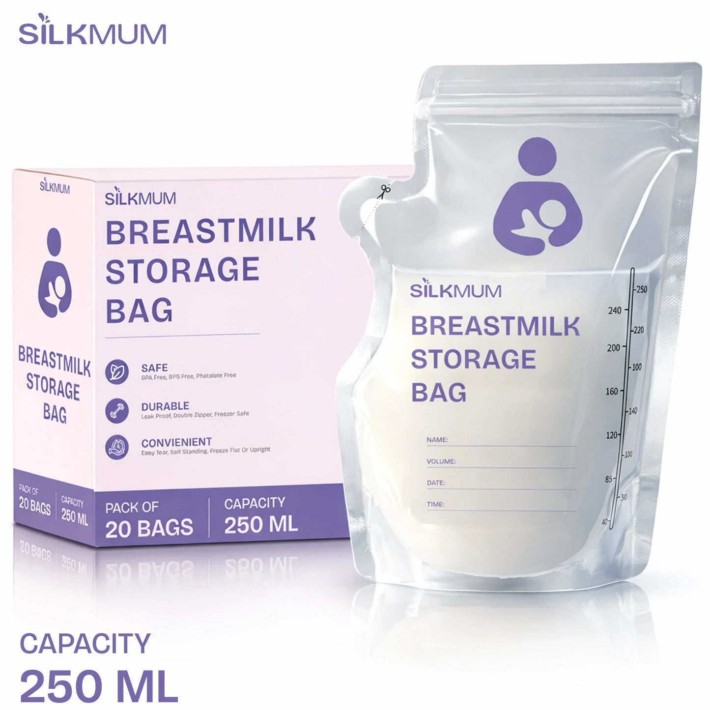 Silkmum Breastmilk Storage Bags: Pre-Sterilized, Leak-Proof Double Seal, BPA-Free, Self-Standing & Freezer Safe - Silkmum