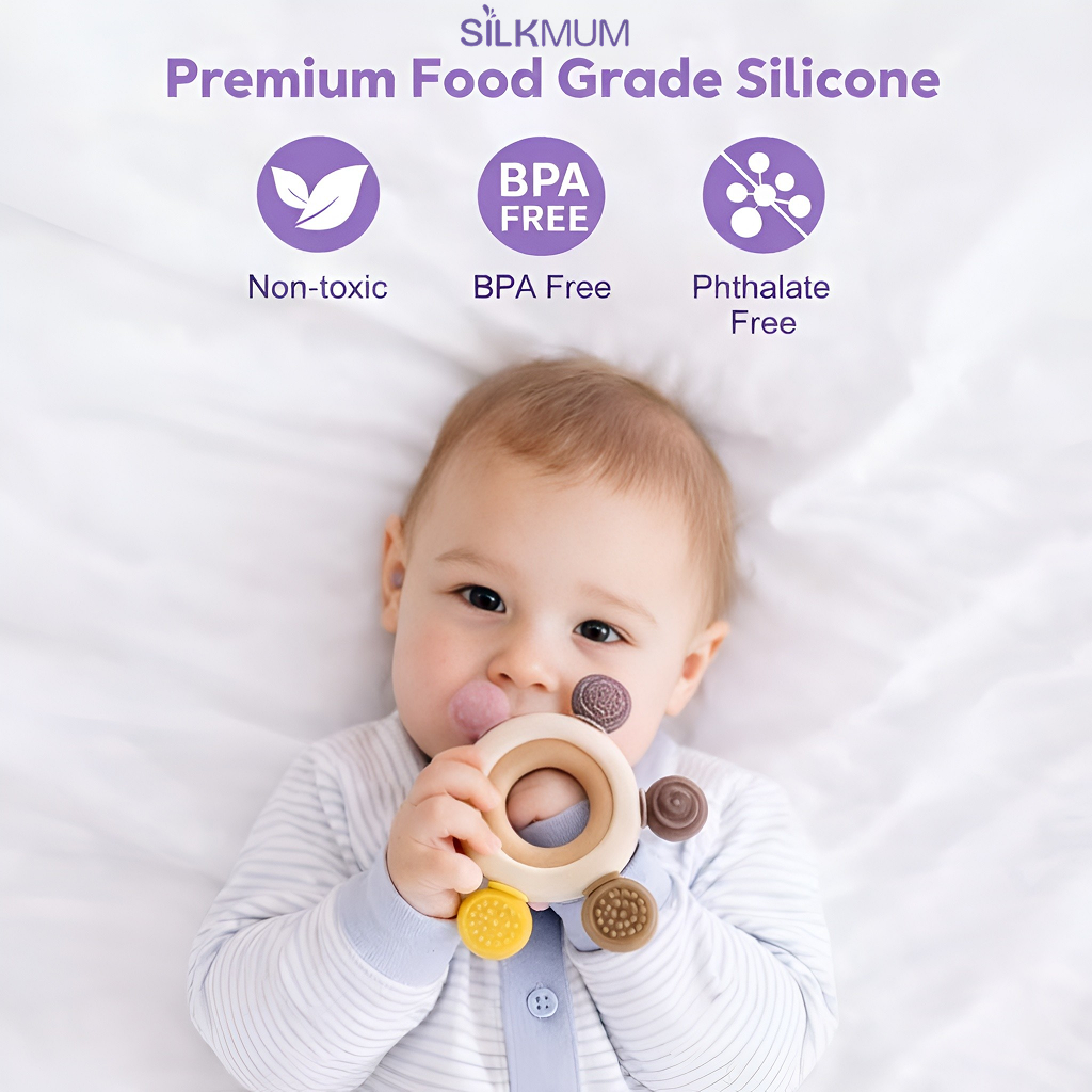 Silkmum Organic Baby Teether – BPA Free Silicone + Natural Wood